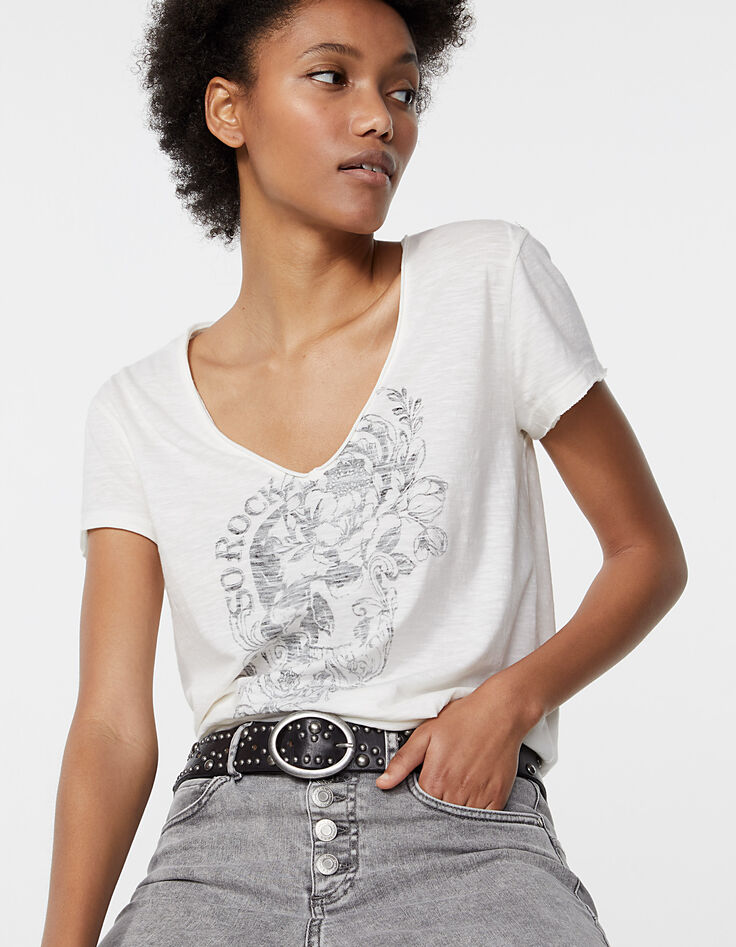 Women’s graphic front organic cotton slub V-neck T-shirt-1