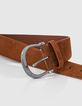 Ceinture jean en cuir suédé camel boucle western femme-3