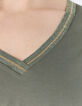 Women’s khaki mixed fabric top with striped ribbed V neck-3
