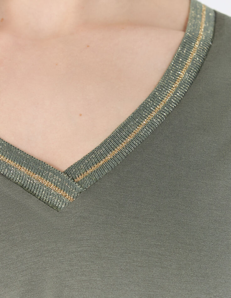 Women’s khaki mixed fabric top with striped ribbed V neck-3