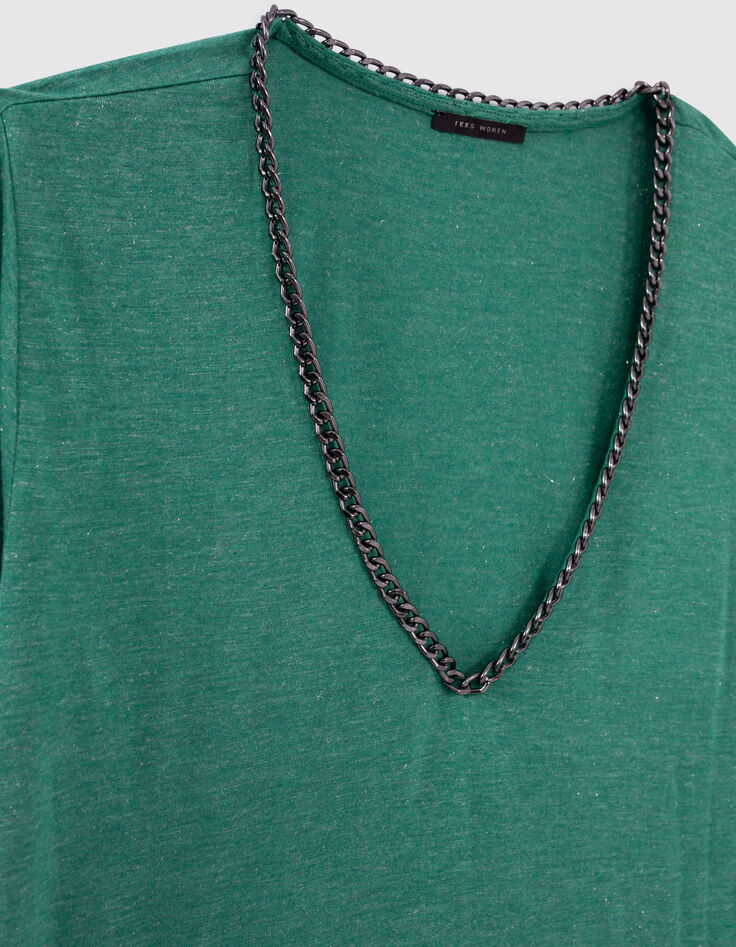 Tee-shirt vert lurex encolure V bijou Femme-2