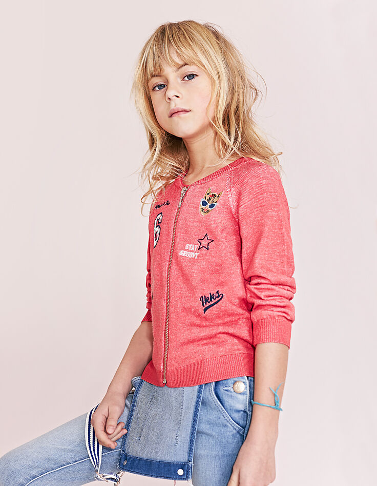 Cardigan orange fonc&eacute; brod&eacute; fille-5