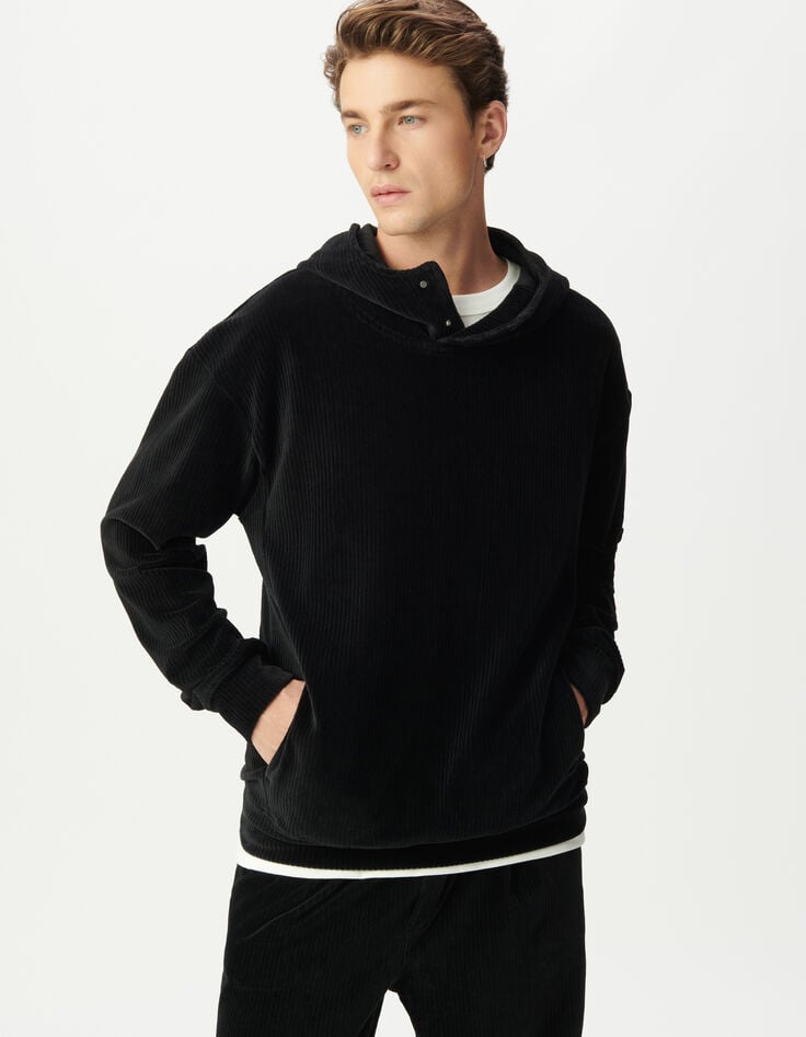 Men’s black corduroy high-neck hoodie-1 Men’s black corduroy high-neck hoodie-1