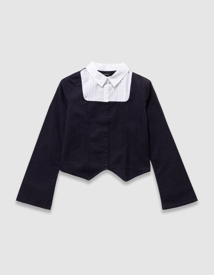 Chemise noire trompe-l'oeil plastron blanc fille-3