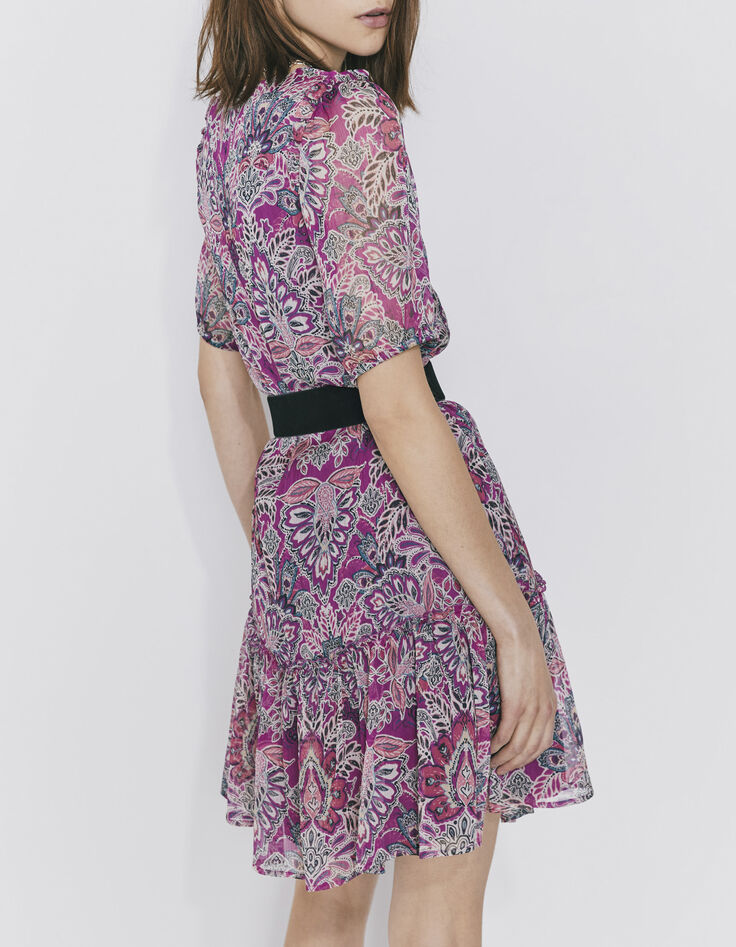 Robe courte en voile fuchsia imprimé bandana floral femme-3