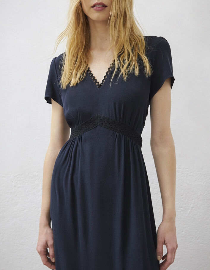 Women’s navy blue viscose long dress with lace - IKKS