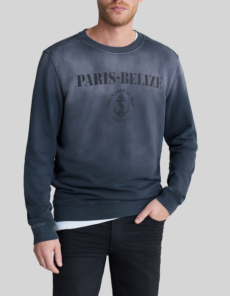 Leisteenblauwe sweater biokatoen met tekst Heren-1