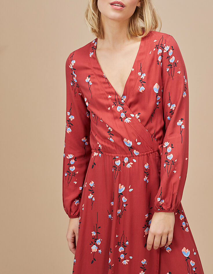 Robe longue cache-cœur grenat à imprimé fleurs I.Code-2
