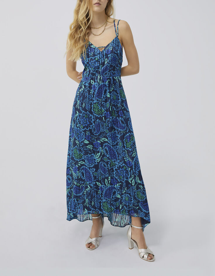 Women’s navy psychedelic floral print viscose long dress-1