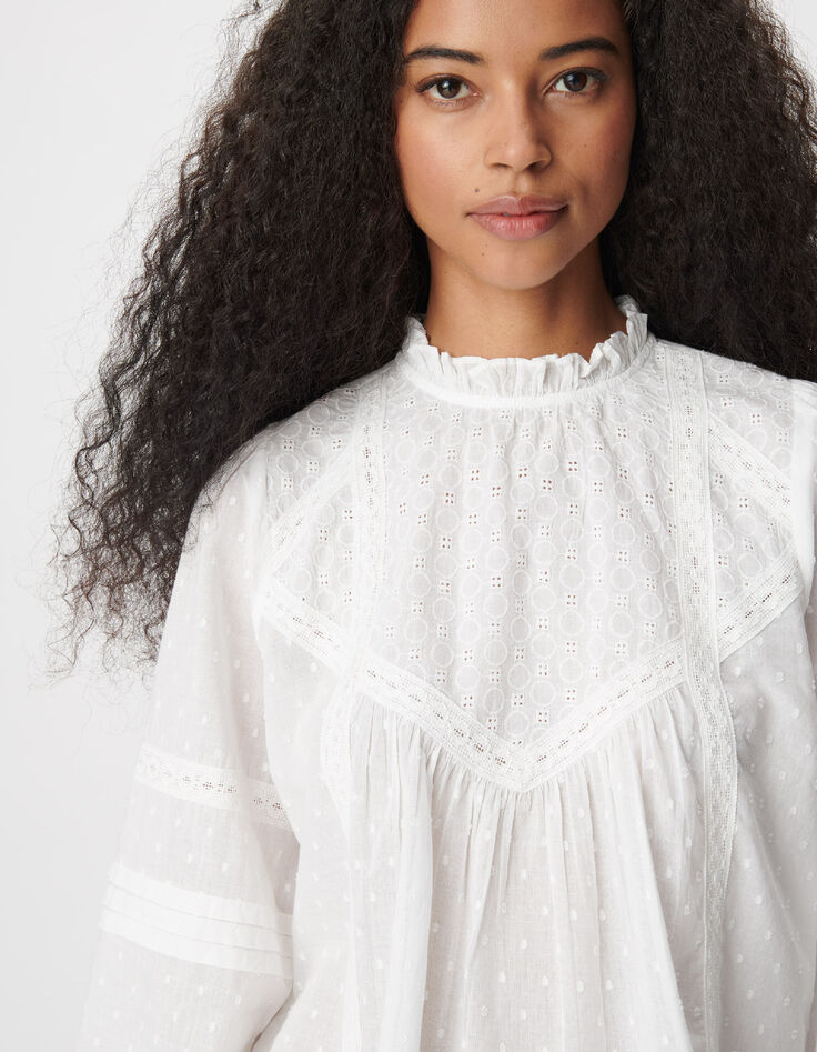 Blusa blanca de jacquard y encaje para mujer-5