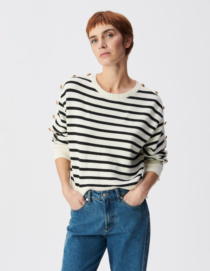 Pull marini&egrave;re court boutons grav&eacute;s aux manches Femme-2