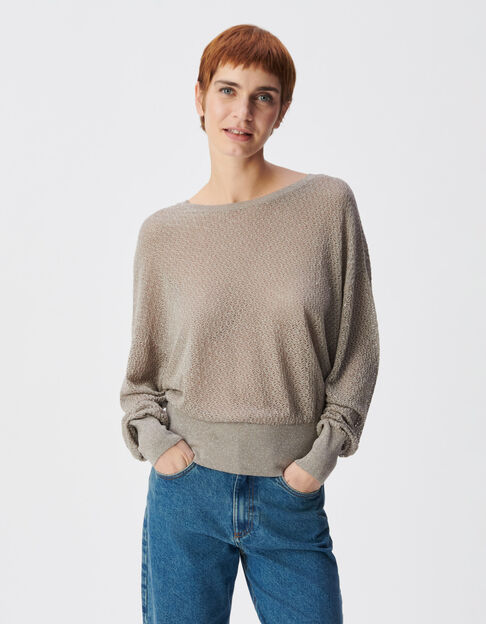 Pull chic beige tricot fantaisie paillet&eacute; ajour&eacute; Femme - IKKS