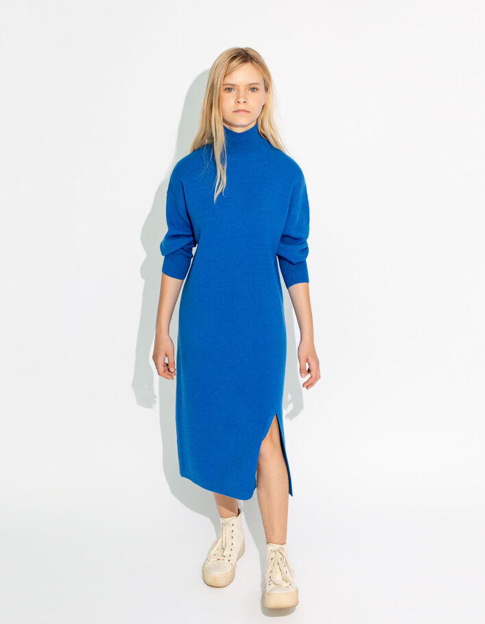Blauwe jurk split tricot opstaande kraag meisjes-1
