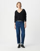 Damen Pullover mit V-Ausschnitt aus 100% Wolle, schwarzer Strick-1