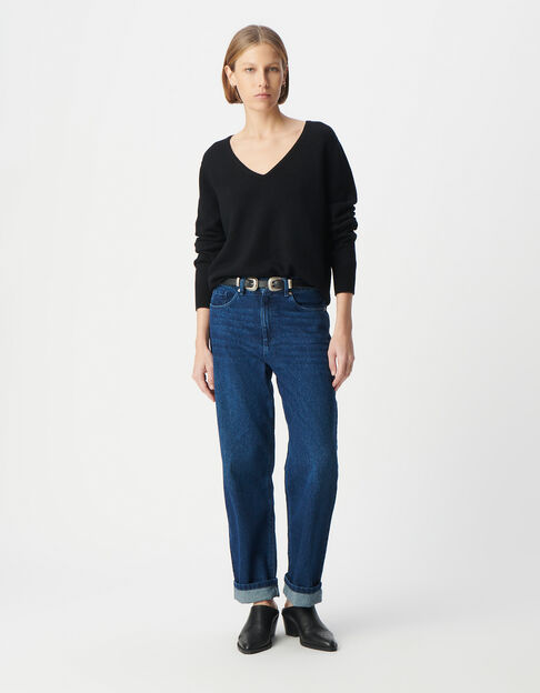 Damen Pullover mit V-Ausschnitt aus 100% Wolle, schwarzer Strick - IKKS