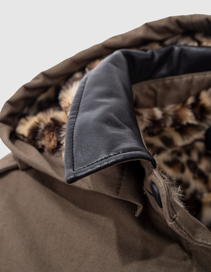 Khaki Damen-Kapuzenparka, Kunstpelzfutter, Chevron-7