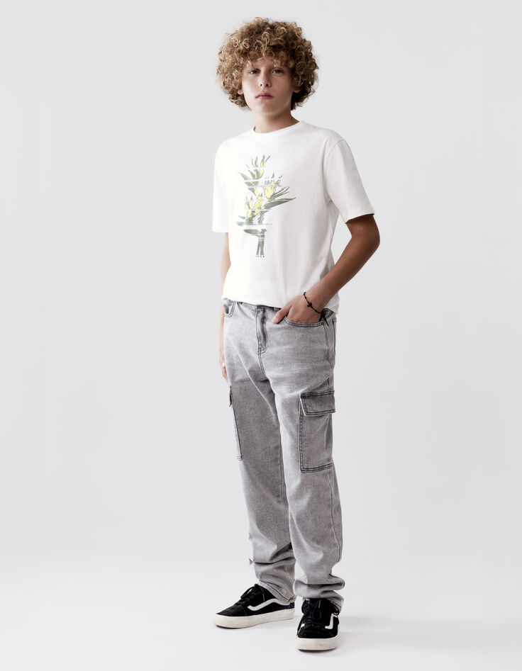 T-shirt blanc coton bio visuel feuillage pixellisé garçon-1