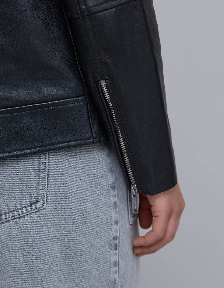 Schwarze mittellange Leder-Bikerjacke f&uuml;r Damen-6