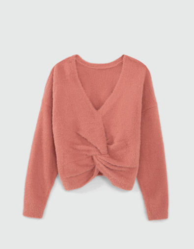 Pull terracotta tricot r&eacute;versible devant dos fille - IKKS