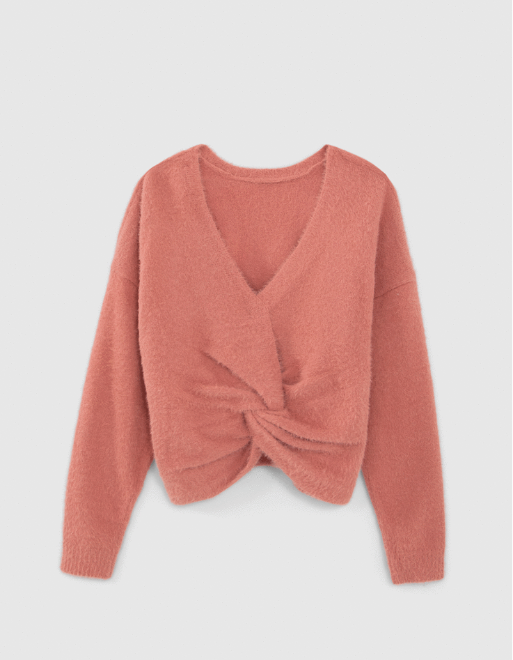 Pull terracotta tricot r&eacute;versible devant dos fille-1