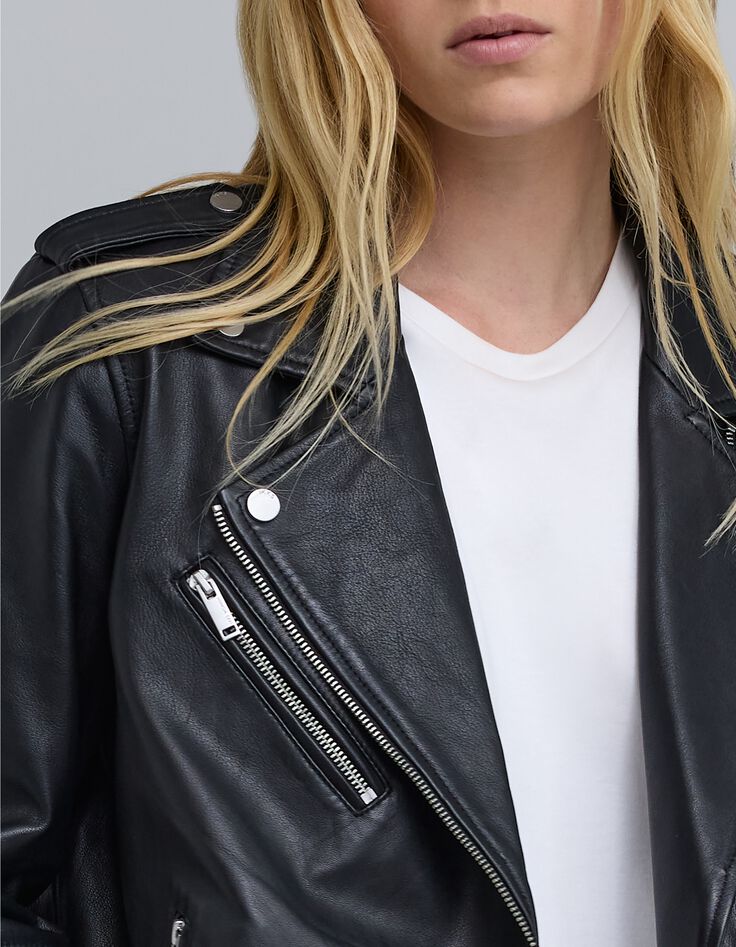 Schwarze mittellange Leder-Bikerjacke f&uuml;r Damen-4