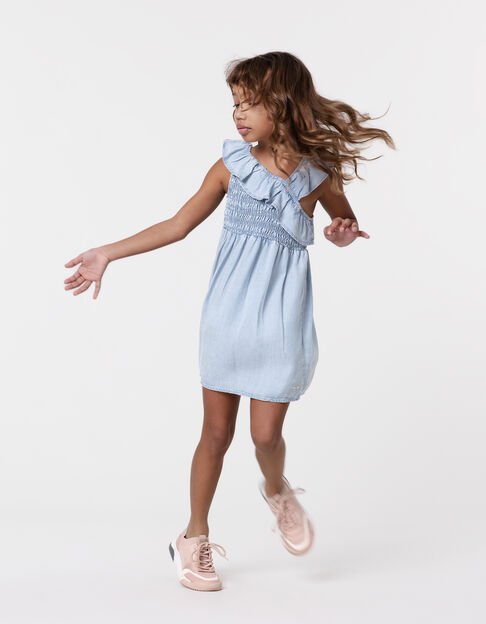 Robe en jean bleue smockée bretelle asymétrique fille - IKKS