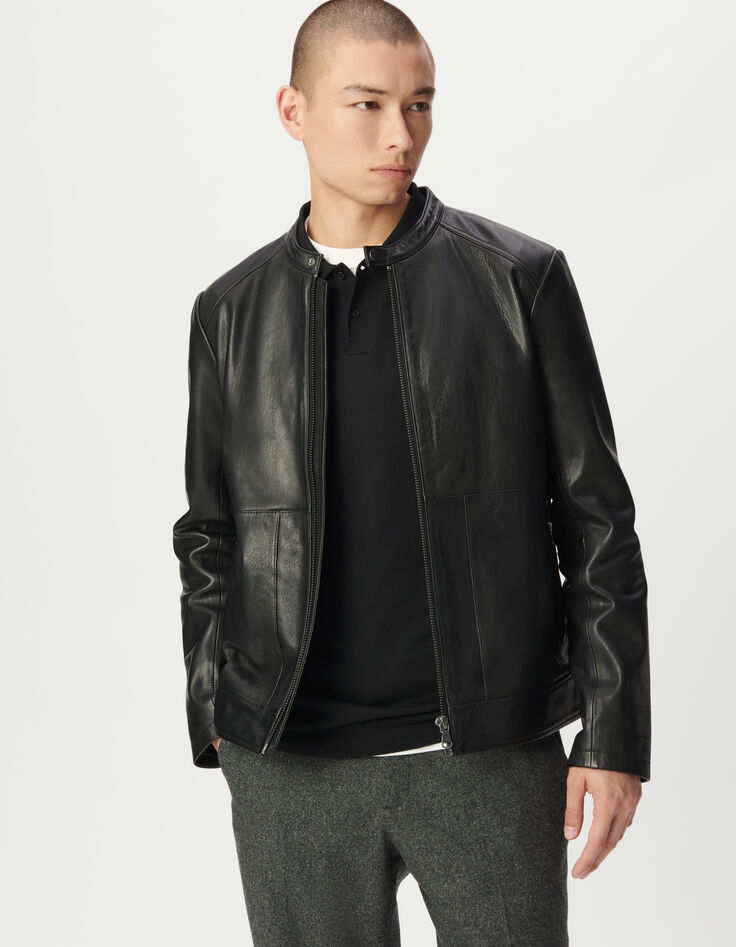 Men’s black leather jacket with zipped pockets-1