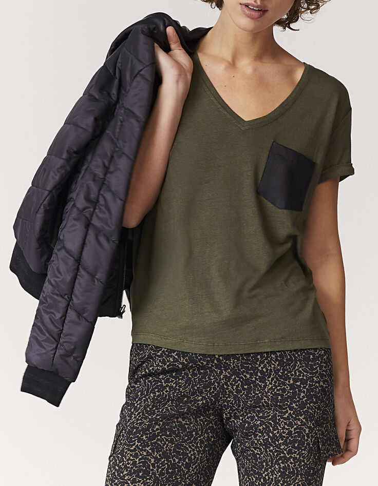 Tee-shirt col V en mix lin uni kaki détail poche femme-2