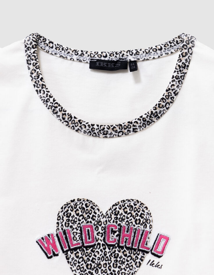 Ecru Mädchen-T-Shirt, Biowolle, Leoprint-Herzen-3