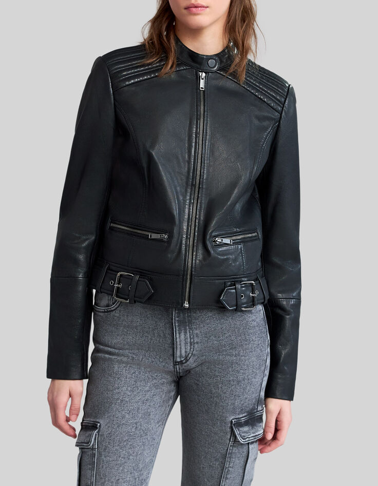 Women&rsquo;s black leather fitted jacket with quilted shoulders-2