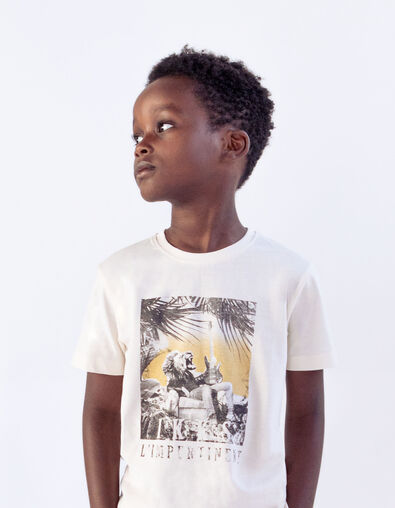 Boys' ecru organic cotton T-shirt with lion-guitar player - IKKS