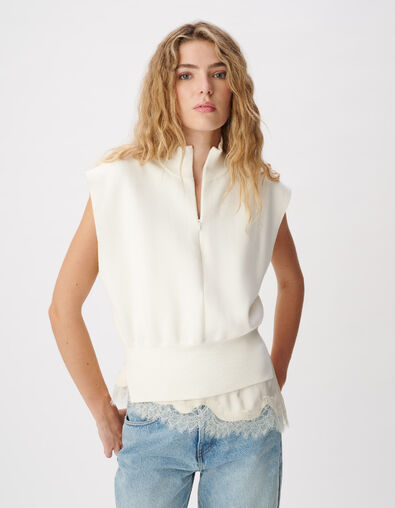 Pull sans manches blanc tricot col camionneur Femme - IKKS