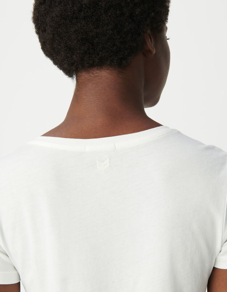 Damen-T-Shirt écru V-Ausschnitt Stickerei Fischgrätenmuster Rücken-4