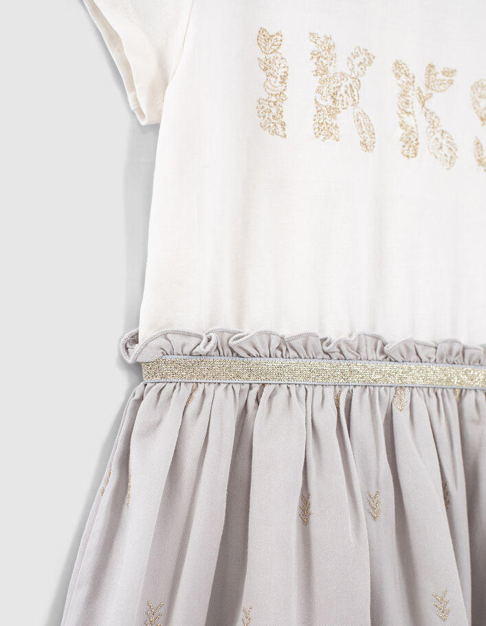 Lichtgrijze jurk gouden borduursels twee materialen - IKKS
