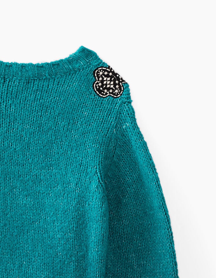 Pull bleu canard tricot à patchs brodés aux épaules fille -5
