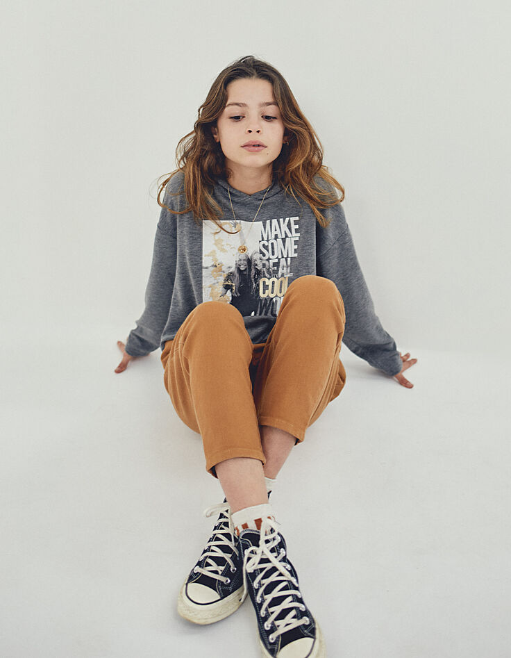 Tee-shirt gris chiné à capuche visuel noir et blanc fille-7 Tee-shirt gris chiné à capuche visuel noir et blanc fille-7