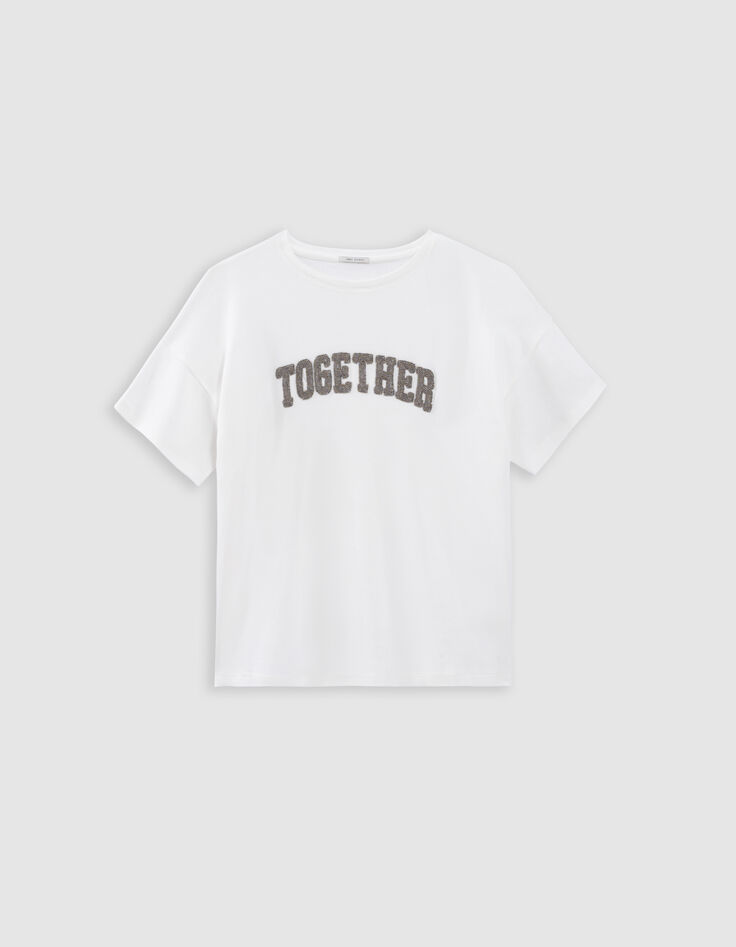White T-shirt with bead embroidered slogan-5