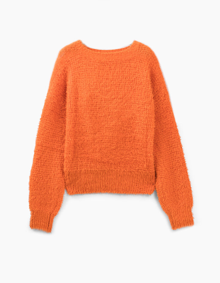 Pull orange en tricot duveteux fille-4