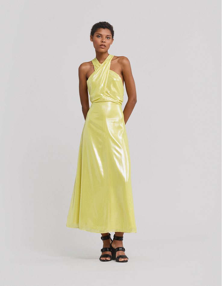 Women s yellow lame backless long dress IKKS
