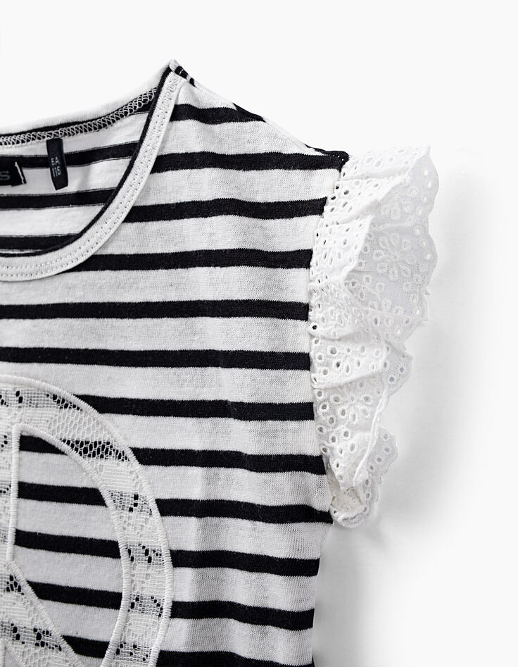Tee-shirt blanc cassé rayé noir détails dentelle fille-5