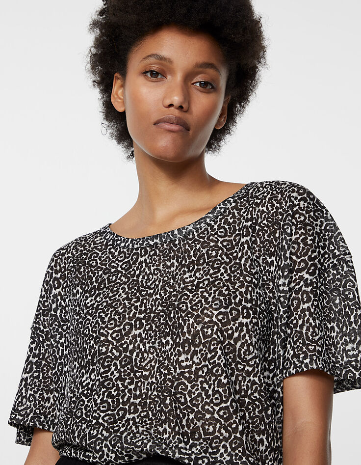 Camiseta corte loose lino estampado micro leopardo mujer-1
