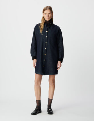 Robe chemise en jean bleu détails velours