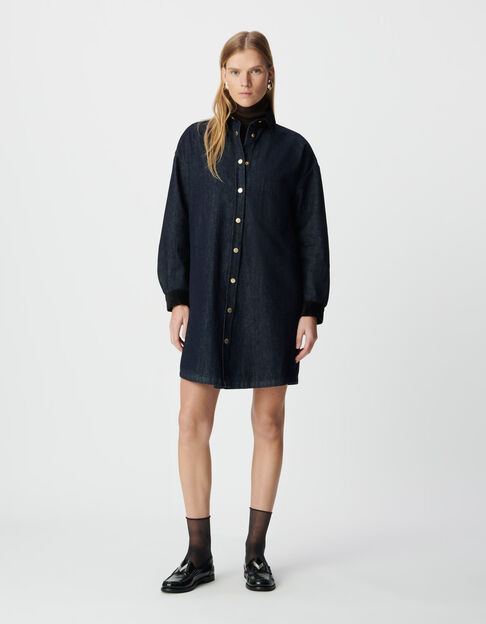 Robe chemise en jean bleu col et poignets velours Femme - IKKS