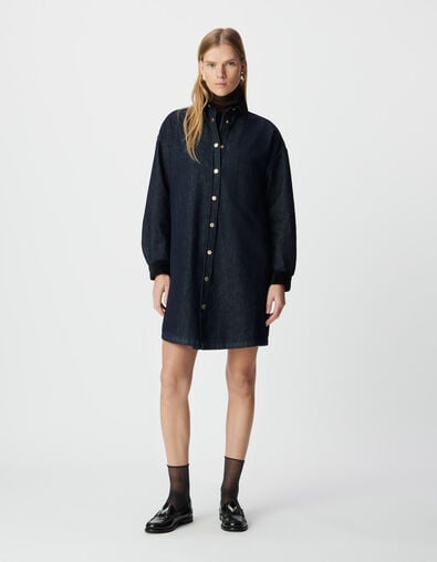 Robe chemise en jean bleu col et poignets velours Femme - IKKS