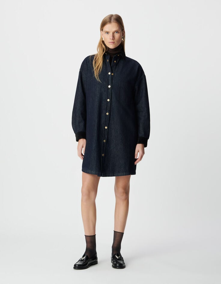 Robe chemise en jean bleu col et poignets velours Femme-1 Robe chemise en jean bleu col et poignets velours Femme-1