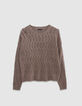 Beiger Damen-Strickpulli Lochmuster-5