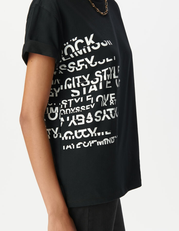 Black crew neck T-shirt with slogan image-4