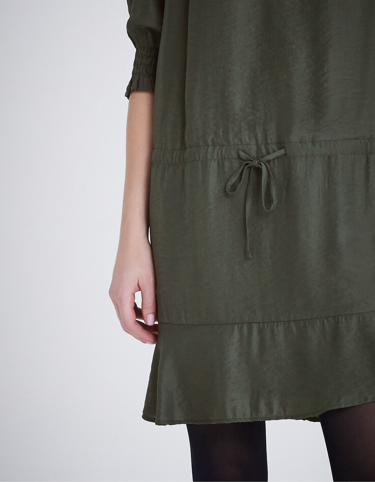 Women’s khaki upcycled satin dress with drawstring waist-4