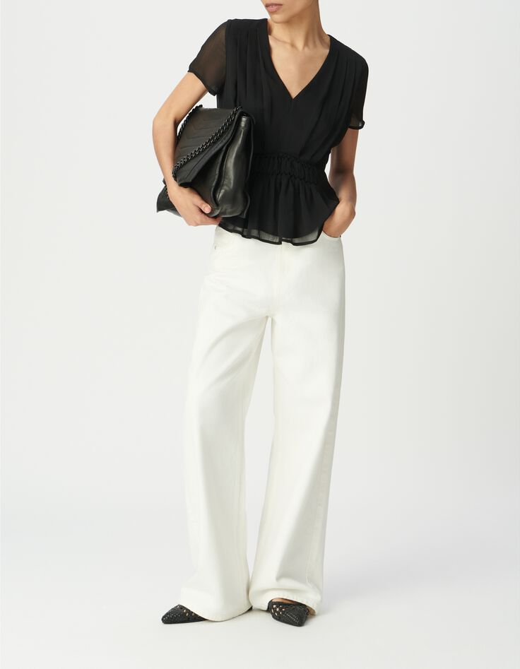 Top noir &agrave; smocks manches courtes-2