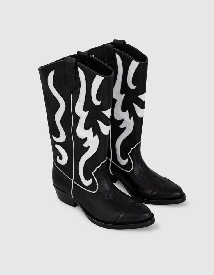 Women&rsquo;s black & white leather cowboy boots, Western seams-6